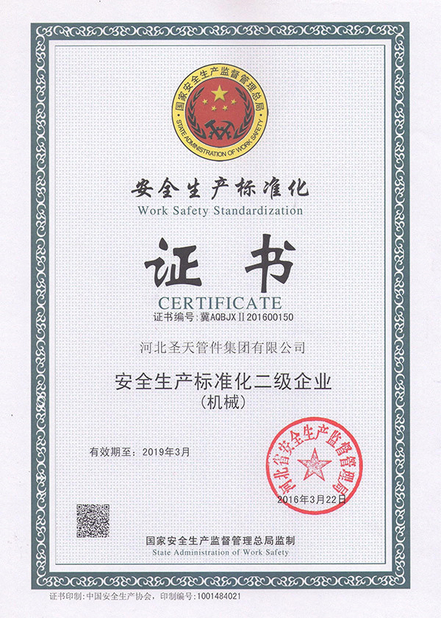 Çin Hebei Shengtian Pipe Fittings Group Co., Ltd. Sertifikalar
